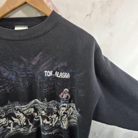 Vintage Sweatshirt Womens Large Black Husky Dog Sled Tok Alaska Nature Forest - Picture 10 of 11